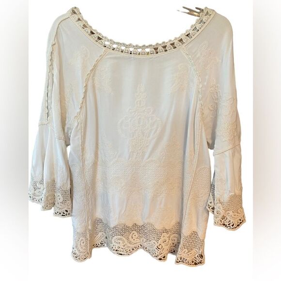 SpiaggiaDolce Sz S Beige Boho Embroidered Lace Angel Sleeves Relaxed Fit Top - Picture 3 of 7